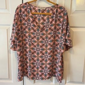 LOFT v-neck printed top - women’s XL - pink with orange and blue design